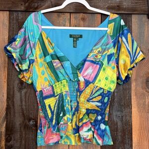 Lauren Ralph Lauren Petite Silk Abstract Print Smocked Peplum Blouse PL Multi